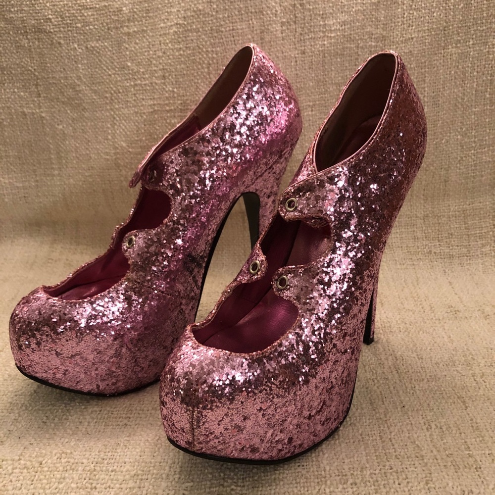 pink glitter Bordello platform heels; size 7